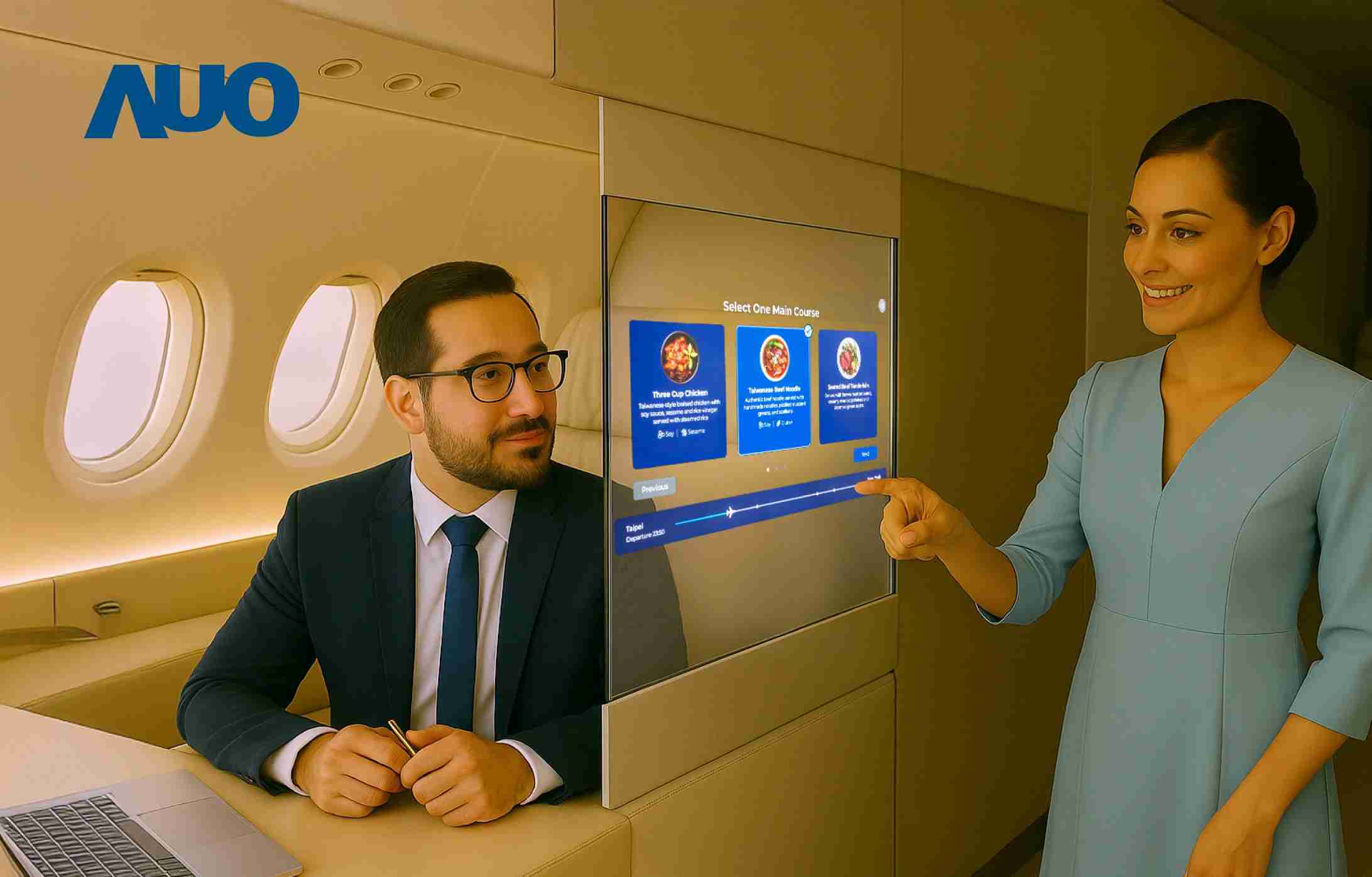 红龙扑克研发全球最薄17.3 吋双面透明 Micro LED 显示器，，，，可在同一屏幕之双边投射不同信息，，，创造独特的”透明化”互动；图为实时翻译交流应用情境